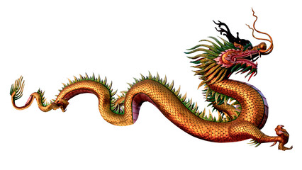 Old stucco golden dragon on transparent background.
