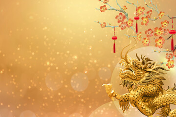 2024 Chinese New Year, year of the golden Dragon on golden background.Happy New Year and Chinese...