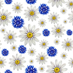 Seamless pattern with daisies and cornflowers. Hand-drawn watercolor illustration. For textile and decorative backgrounds, for design, wallpaper, wrapping paper and packaging.