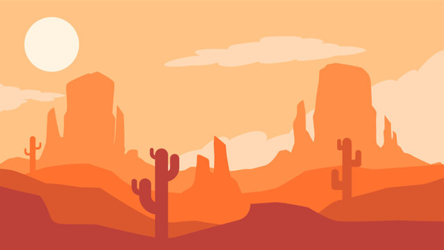Desert landscape vector illustration. Canyon desert silhouette landscape with sunset sky. Wild west desert landscape for illustration, background or wallpaper. American desert vector illustration