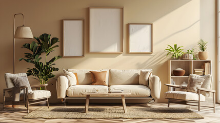 beige room with modern furniture, 3d render, Frame mockup in interior background, wallpapermodern living room with sofa