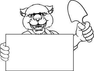 A gardener, farmer or handyman panther cartoon mascot man holding a gardening tool