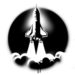 space-rocket launching in stencil-art style,black and white generative ai