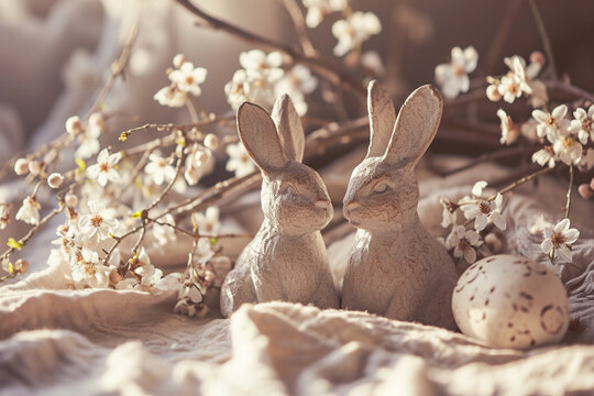 serene Easter background with a pair of decorative bunnies surrounded by delicate spring flowers, creating a peaceful and minimalistic photo