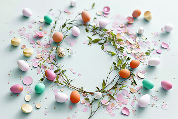 Obraz premium minimalist Easter background with scattered confetti in pastel shades, adding a touch of celebration and joy to the scene, minimalistic photo