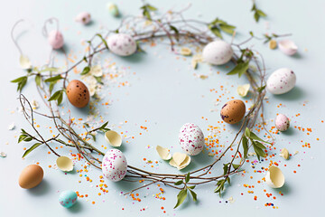  minimalist Easter background with scattered confetti in pastel shades, adding a touch of celebration and joy to the scene, minimalistic photo