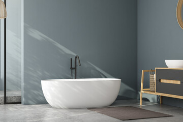 Modern minimalist bathroom interior, modern bathroom cabinet, white sink, wooden vanity, interior...