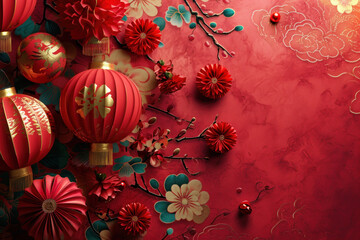 Obraz na płótnie Canvas Chinese New Year background. Chinese lanterns and sakura flowers. Chinese traditional ornaments and patterns. Red and gold colors. Festive Asian banner