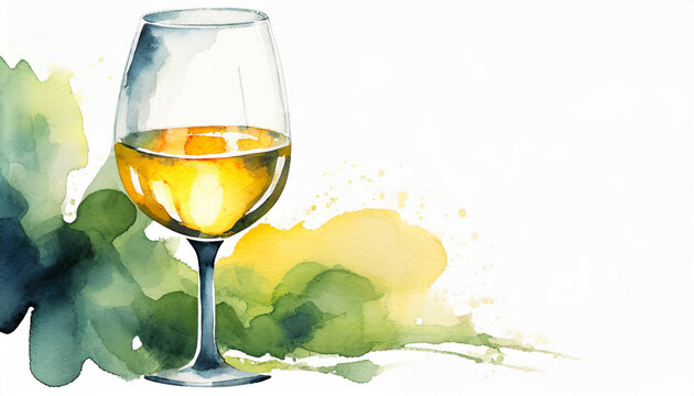 A glass of white wine on white background, copy space, watercolor art style