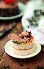 Tasty duck pate appetizer with fresh herbs