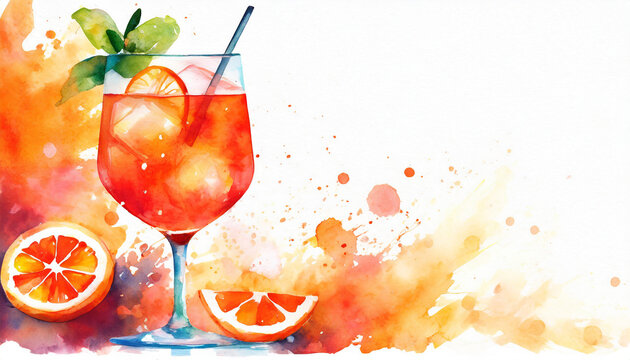 Aperol spritz cocktail background, copy space on a side, watercolor art style