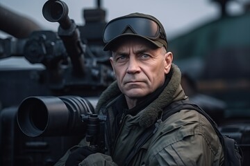 Soldier with binoculars on the background of military equipment.