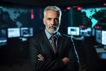 Portrait of a confident mature businessman standing with arms crossed in front of a computer screen.