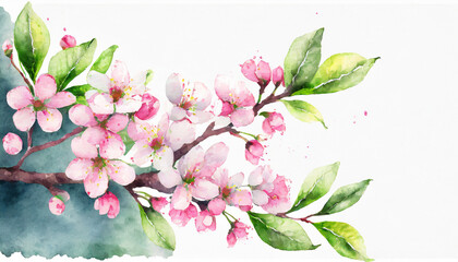 Cherry blossom branch, copy space on a side, watercolor art style