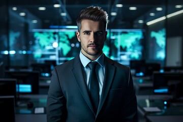 Portrait of a handsome businessman in a dark office. Men's beauty, fashion.