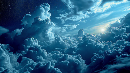 View of the sky and clouds from an airplane, beautiful atmosphere of a cloudy sky with stars.