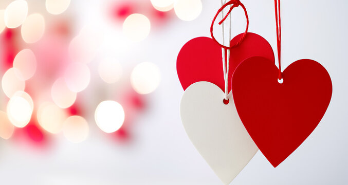 Blank red and white heart shaped gift tags hanging on rope on bokeh festive background. Valentines day background. Valentine's Day discounts