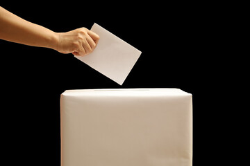 person vote with ballot box on blank voting concept.