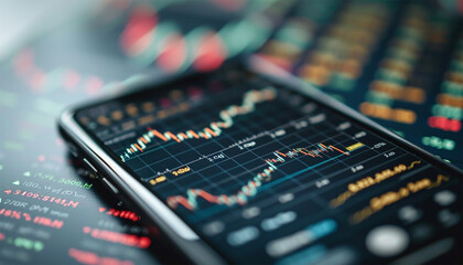 Realistic smartphone mockup. 3d candlestick chart of stock sale and buy. Market investment, online trade on mobile phone. transparent shadow, blur effect. Business application interface design.