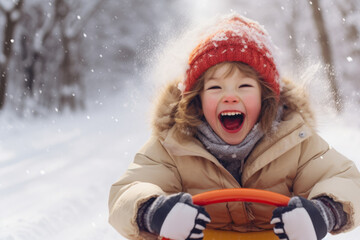 Fototapeta premium Joyful Child Sledding in Snowy Winter Landscape.