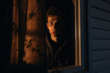 Young Man Peering Out from Darkened Room.