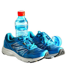 Running shoes and water bottle isolated on transparent or white background, png
