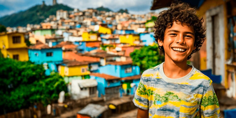 Little Brazilian boy on blurred favela. Banner format. - Powered by Adobe