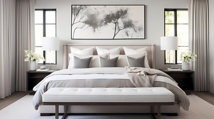Inviting bedroom retreat with a platform bed, plush bedding, and a neutral color scheme