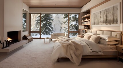 Fototapeta na wymiar Inviting bedroom retreat with a platform bed, plush bedding, and a neutral color scheme