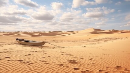 A rowing boat lies wrecked on a dune in the desert without water