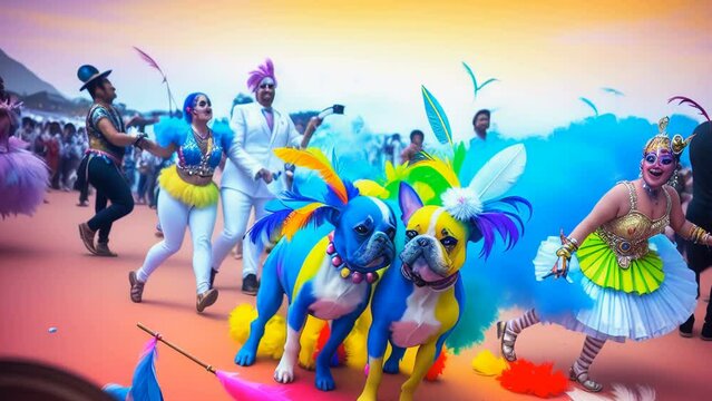 Portrait of a happy french bulldog dressed as Carnival with makeup wig, glitter collars and feather boas. Generative AI.
