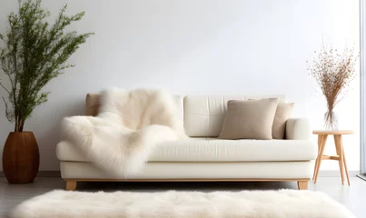 Foto op Canvas Fur rug near ivory sofa with furry fluffy pillows against white wall with copy space. Scandinavian, hygge home interior design of modern living room. © Christophe