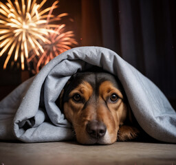 A cute Dog scared of fireworks hiding under a blanket - obrazy, fototapety, plakaty