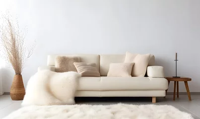 Foto op Plexiglas Fur rug near ivory sofa with furry fluffy pillows against white wall with copy space. Scandinavian, hygge home interior design of modern living room. © Christophe