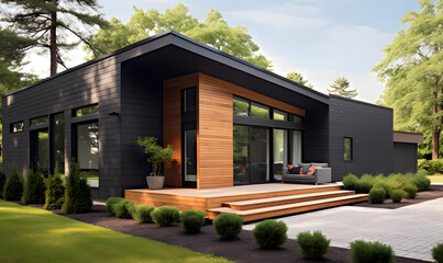 Exterior of modern minimalist private house, villa with mono pitch roof. Black walls decorated with timber wood cladding. Beautiful landscaping front yard. - obrazy, fototapety, plakaty