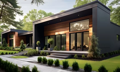 Photo sur Plexiglas Gris 2 Exterior of modern minimalist private house, villa with mono pitch roof. Black walls decorated with timber wood cladding. Beautiful landscaping front yard.