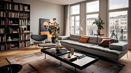 Inviting lounge area in a Copenhagen apartment, blending mid-century furniture with contemporary comforts and city views