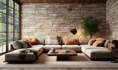 Foto op Plexiglas Corner sofa against window in room with stone cladding walls. Farmhouse style interior design of modern living room.  © Christophe