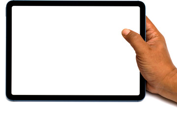 hand holding a computer tablet or smartphone with a white blank screen.