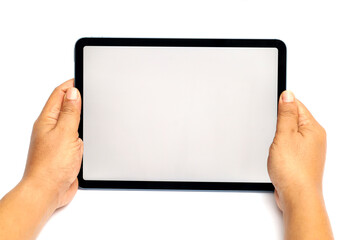 hand holding a computer tablet or smartphone with a white blank screen.