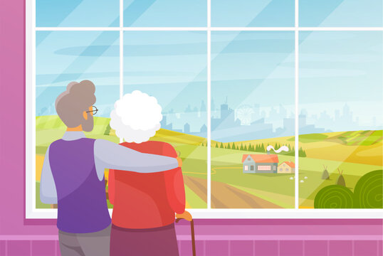 Old Couple Looking Out Window At Summer Rural Landscape. Grandparents Standing With Backs And Hugging, Grandmother And Grandfather Relax, Enjoy Nature And Calm View Cartoon Vector Illustration