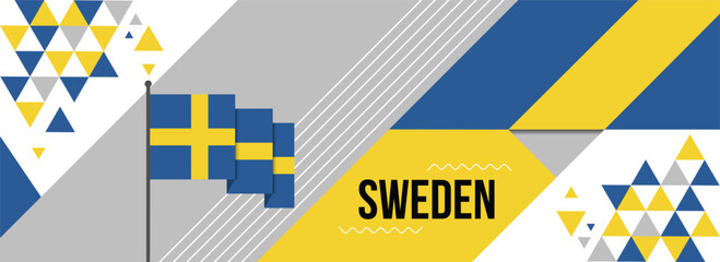 Sweden national or independence day banner design for country celebration. Flag of Swedish with modern retro design and abstract geometric icons. Vector illustration - obrazy, fototapety, plakaty
