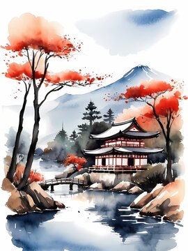 Japanese Landscape Watercolor Painting. Ai Generated