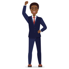 Black businessman with raised hand. Happy african male office worker cartoon vector illustration