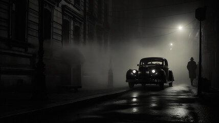 Monochrome film detective illustration with vintage cars, black and white noir detective. AI...