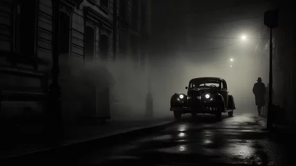 Gordijnen Monochrome film detective illustration with vintage cars, black and white noir detective. AI generated © Pippa