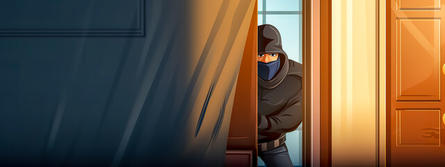burglar peeking from behind a door in a house, with a focus on the eyes that convey a sense of caution and stealth