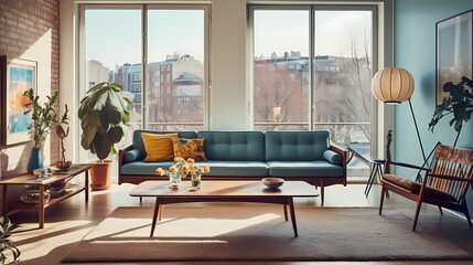 Inviting lounge space with a mid-century sofa, retro coffee table, and floor-to-ceiling windows showcasing Copenhagen's charm - obrazy, fototapety, plakaty