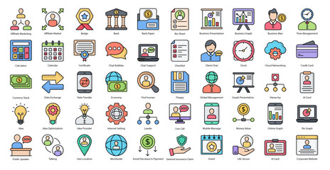 Corporate Life Colored Line Icons Company Work Iconset in Filled Outline Style 50 Vector Icons