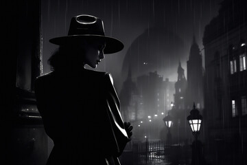 Monochrome film detective illustration women, black and white noir detective. AI generated - obrazy, fototapety, plakaty